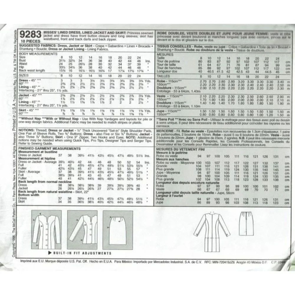 McCalls Sewing Pattern 9283 Dress Jacket Skirt Misses‎ Size 14